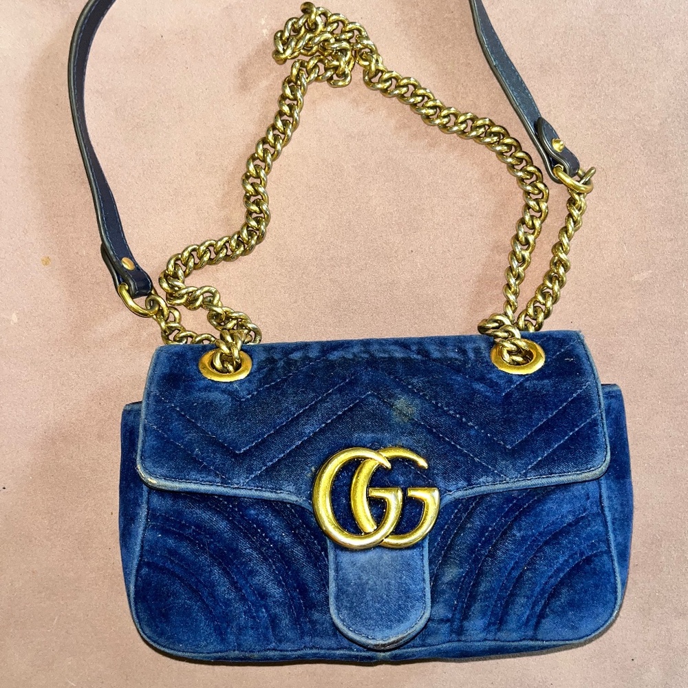 Gucci Velvet Matelasse Small GG Marmont Shoulder Bag Cobalt Blue Gold Handbag
